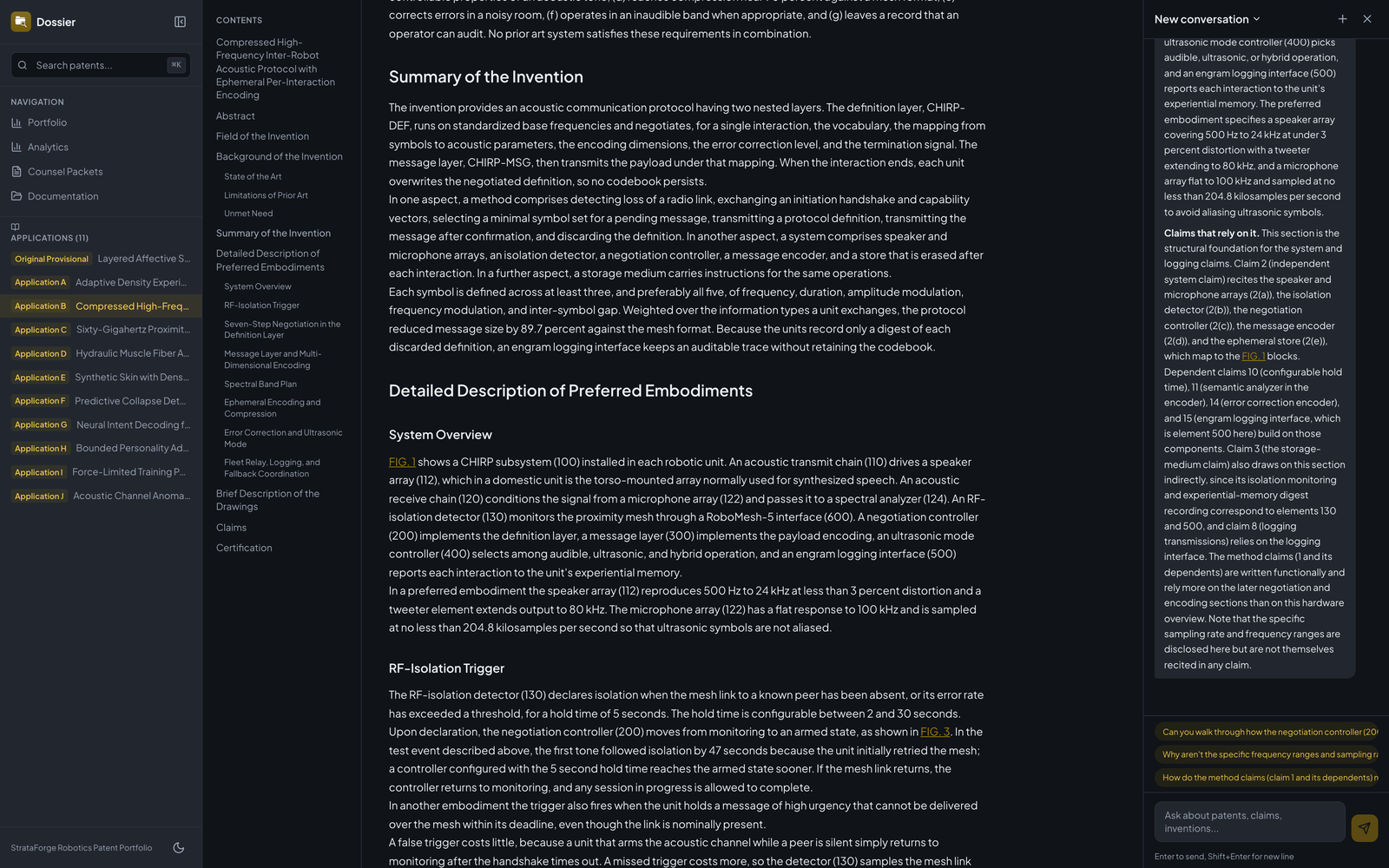 Dossier's chat panel open beside a fictional patent: Claude's answer explains a section and says which claims rely on it, citing figures and claim numbers.