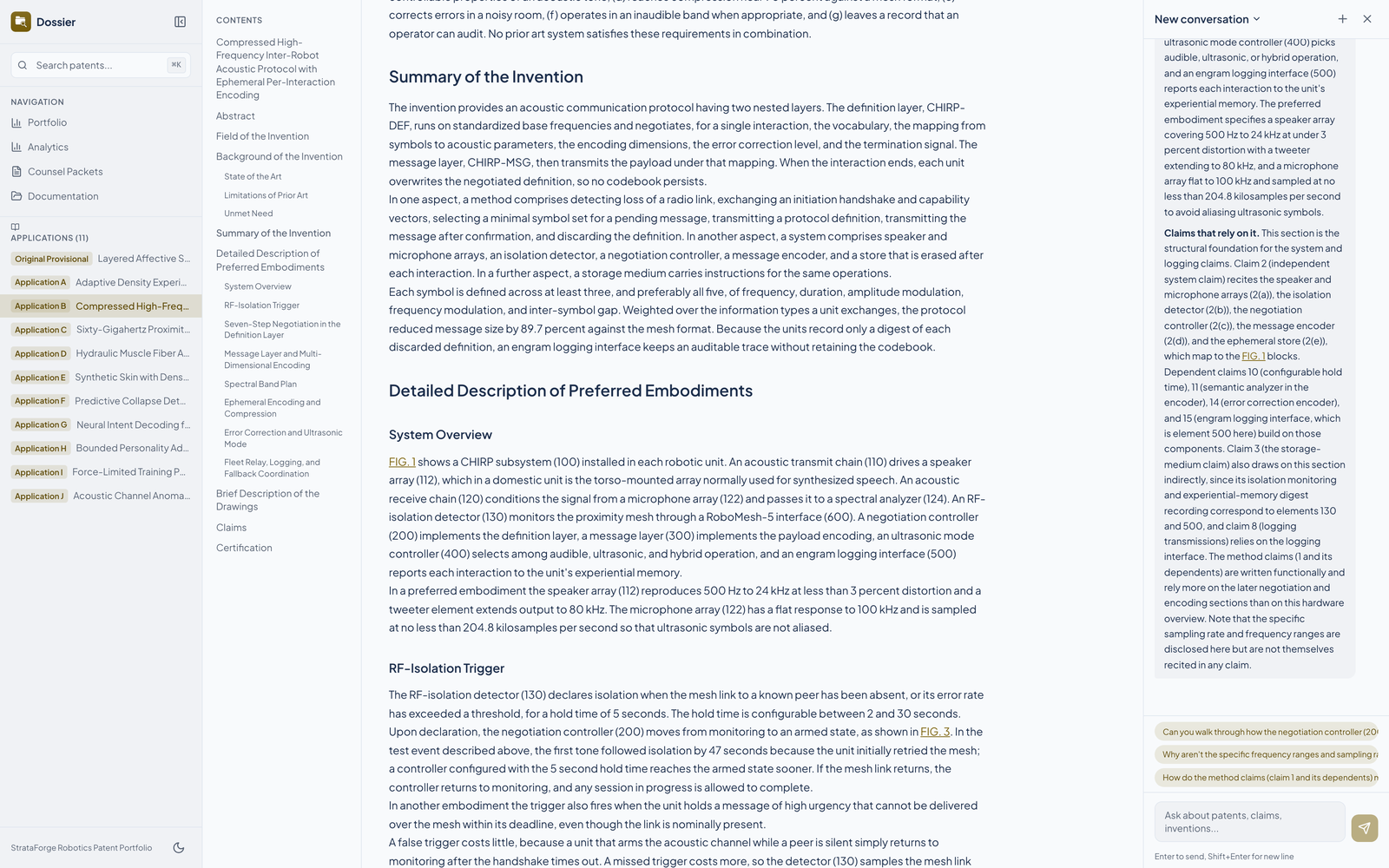 Dossier's chat panel open beside a fictional patent: Claude's answer explains a section and says which claims rely on it, citing figures and claim numbers.