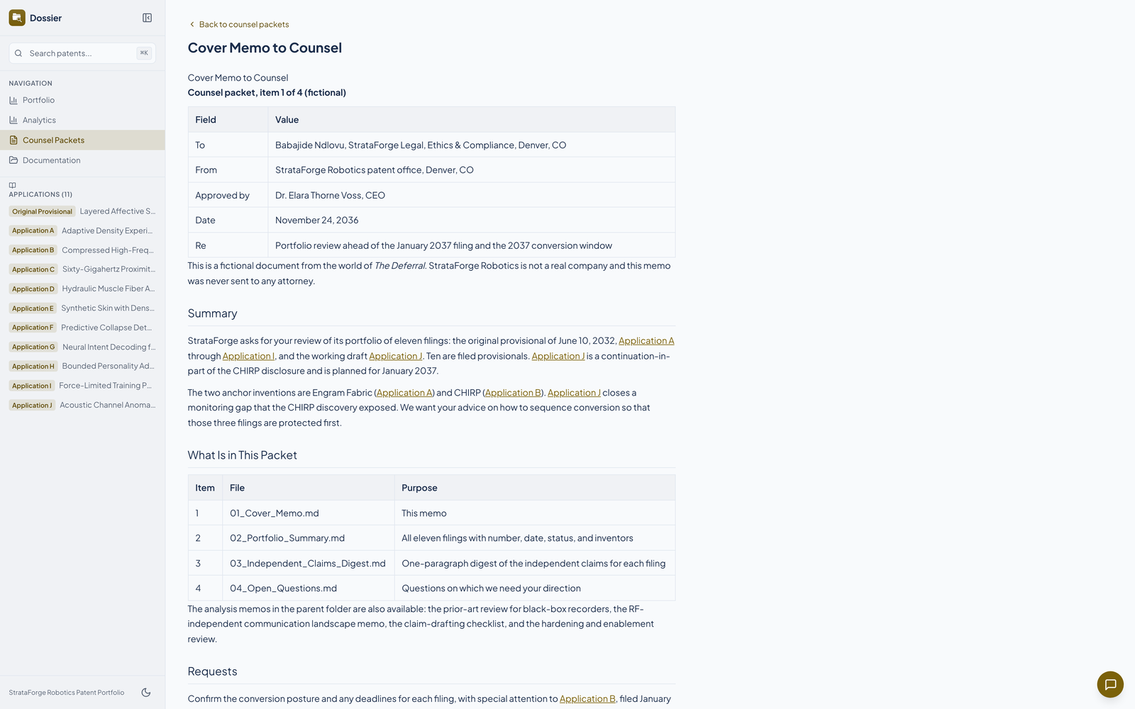 Dossier's counsel packet viewer open on a cover memo to counsel for the fictional portfolio.