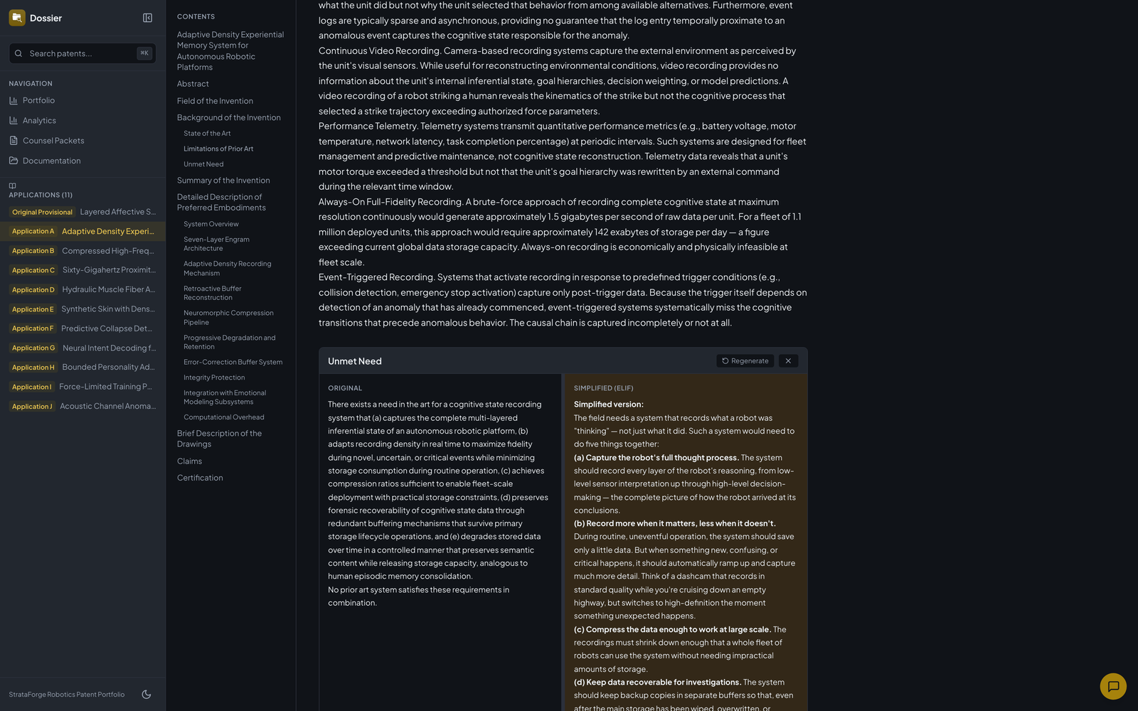 Dossier's split view: the original text of a fictional patent section on the left and its simplified plain-language explanation on the right.