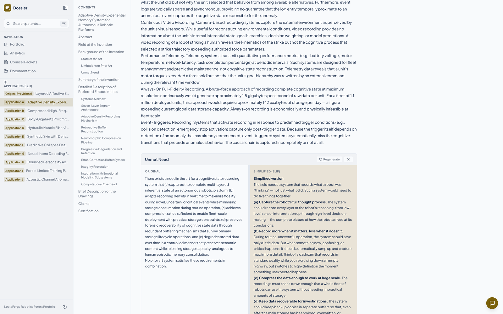 Dossier's split view: the original text of a fictional patent section on the left and its simplified plain-language explanation on the right.