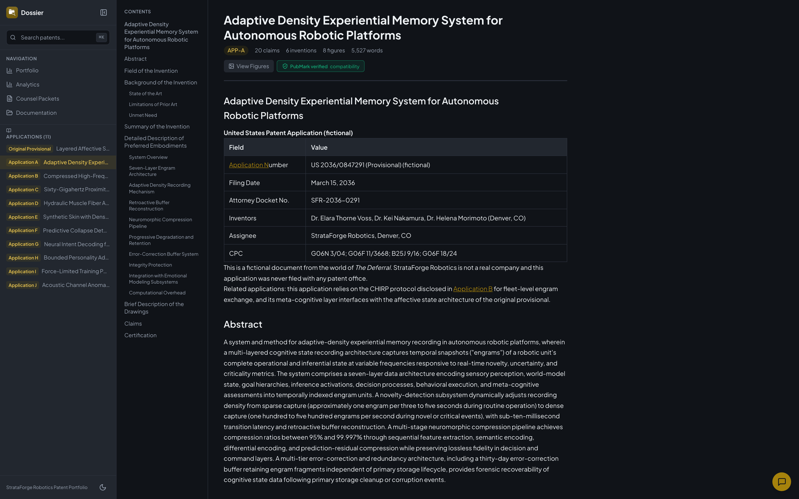 Dossier's patent viewer open on a fictional StrataForge application: a contents column, the title with claim, invention, figure, and word counts, a PubMark verified badge, and the filing details table.