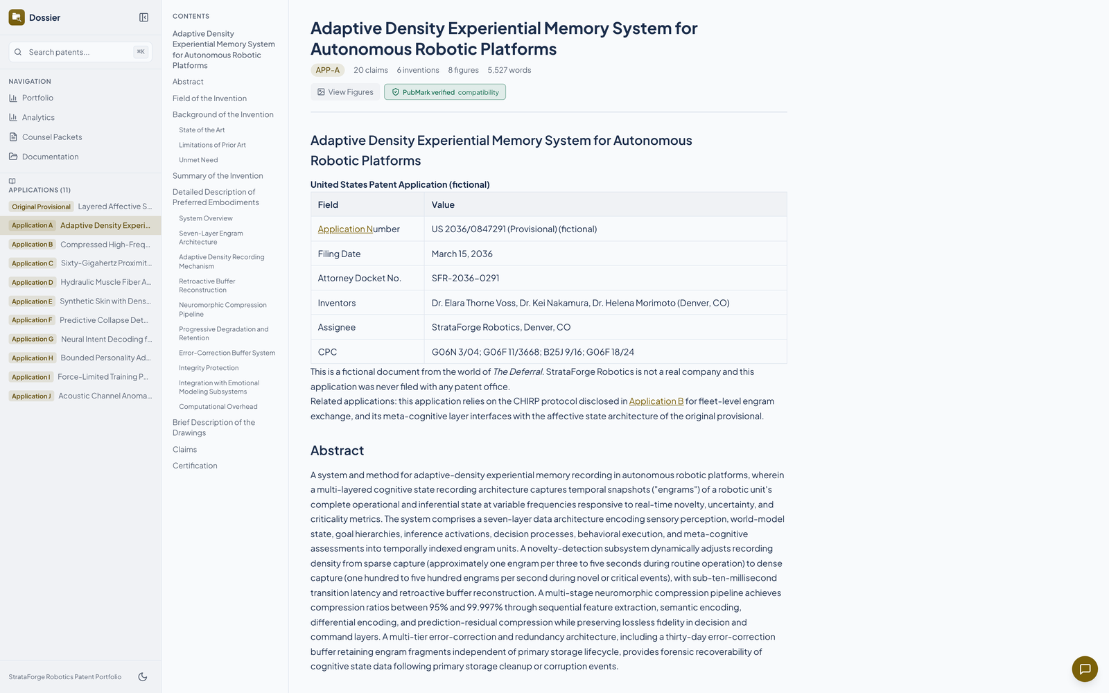 Dossier's patent viewer open on a fictional StrataForge application: a contents column, the title with claim, invention, figure, and word counts, a PubMark verified badge, and the filing details table.