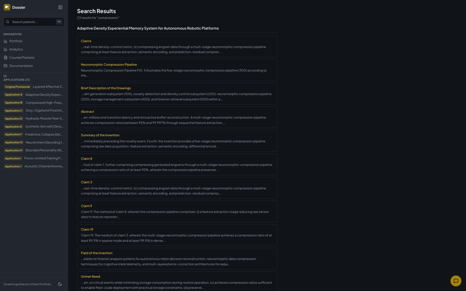 Dossier's search results.