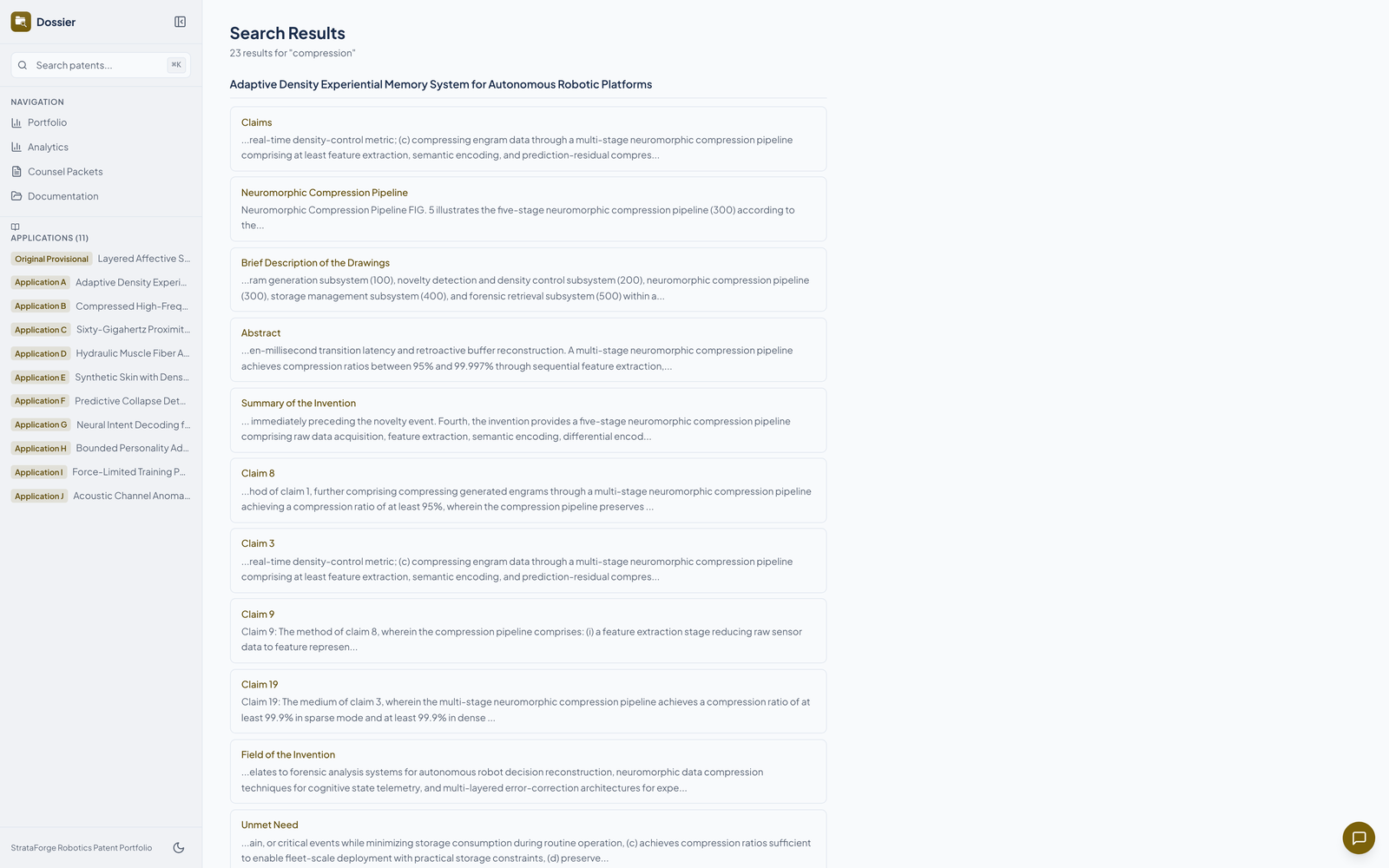 Dossier's search results.
